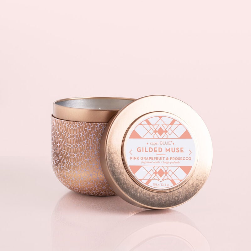 Pink Grapefruit & Prosecco Gilded Candle Tin, 12.5 oz Candle with Lid in Front image number 2