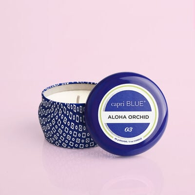 Aloha Orchid Blue Mini Candle, 3oz product with lid off