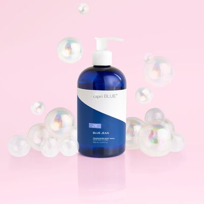 Blue Jean Body Wash product view with bubbles