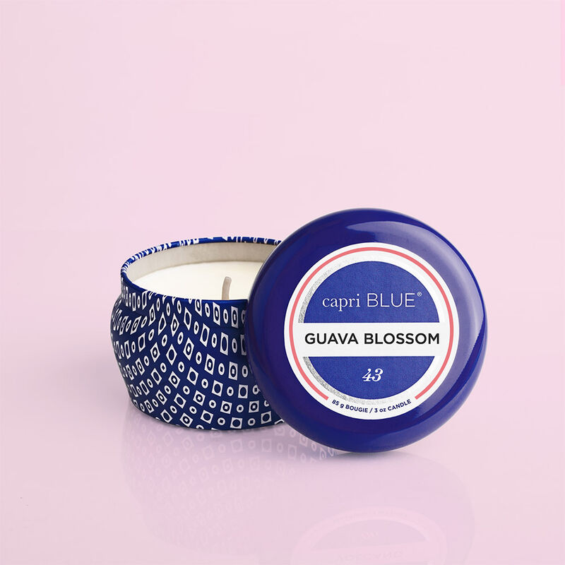 Guava Blossom Blue Mini Candle, 3oz product with lid off image number 3