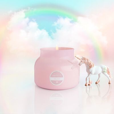 Volcano Bubblegum Petite Candle Jar, 8 oz product with fantasy background