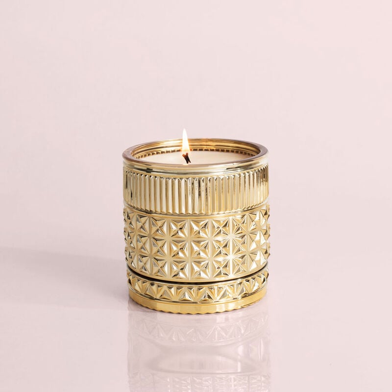 Exotic Blossom and Basil Gilded Faceted Candle Jar, 11 oz Candle Burning image number 4