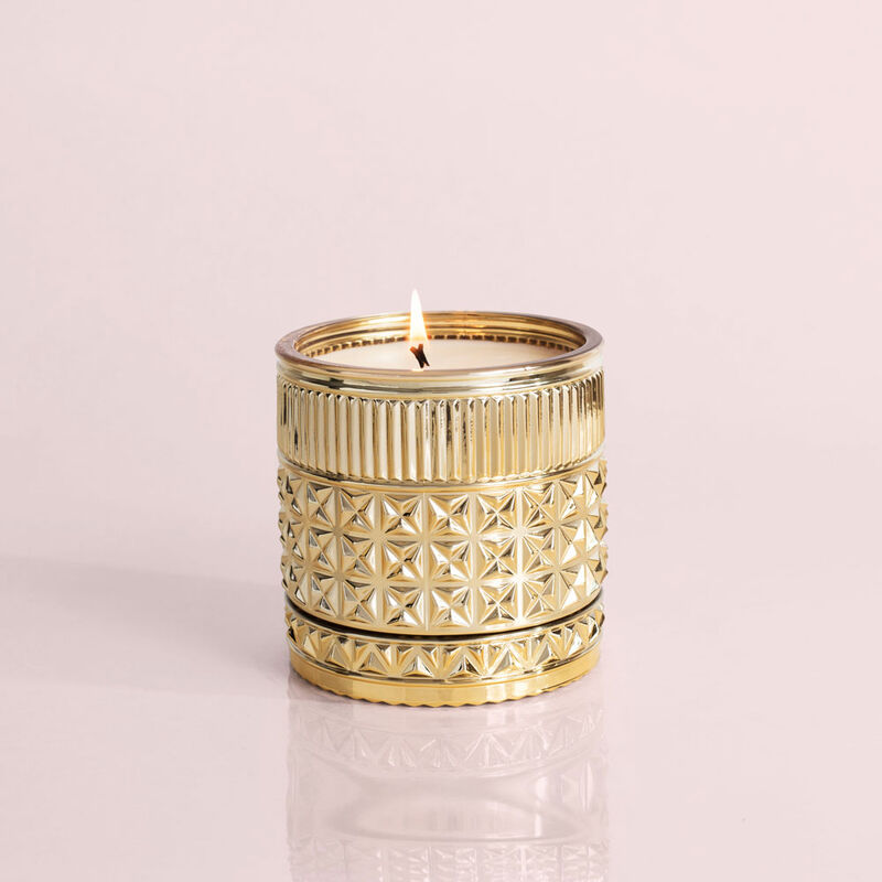 Exotic Blossom and Basil Gilded Faceted Candle Jar, 11 oz Candle Burning image number 3